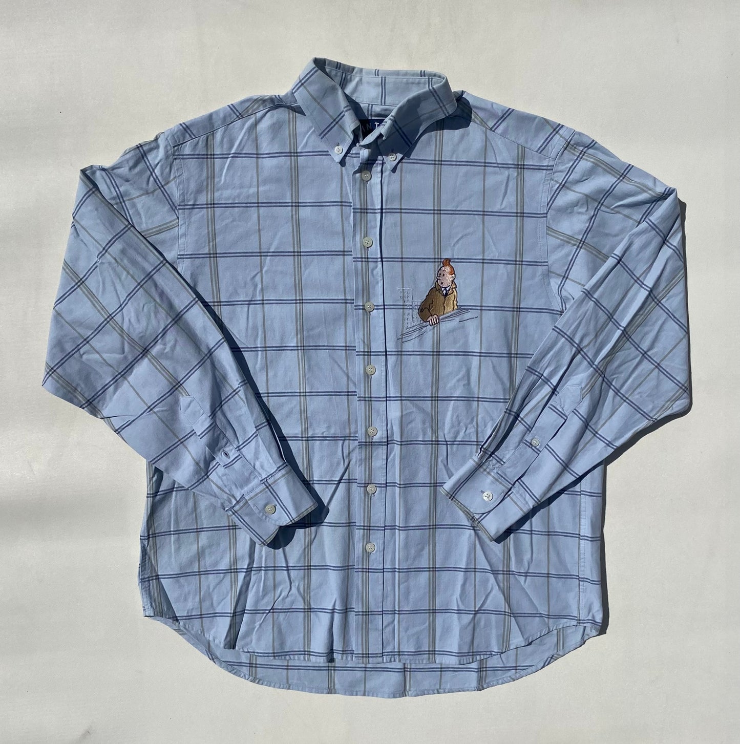 ✅ Chemise collector Tintin, bleu clair et carreaux, L