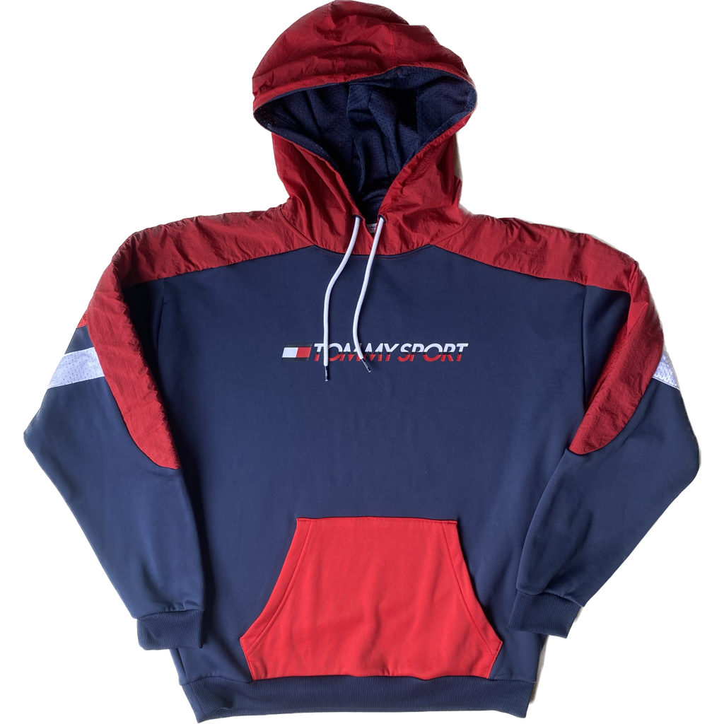 Pull à capuche Tommy Hilfiger sport, bleu marine et rouge, M oversize