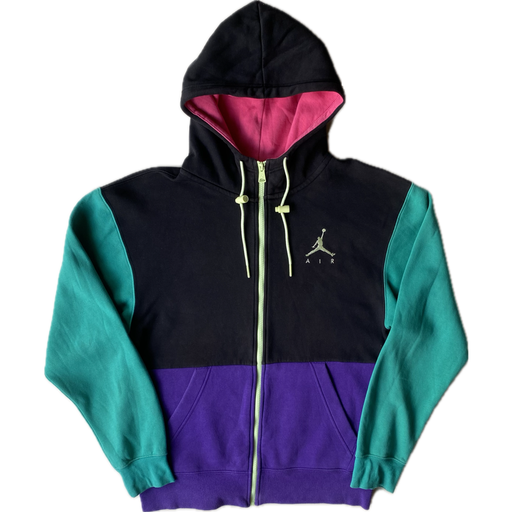 Pull à capuche zippé Jordan, noir / turquoise / violet, S légèrement oversize