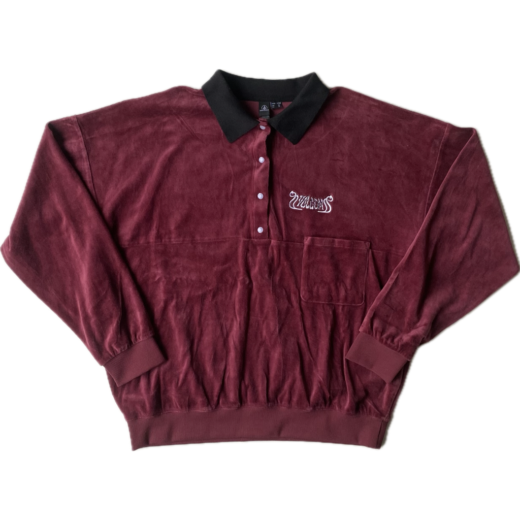 ✅ Pull velours col chemise Volcom, rouge bordeaux et noir, M