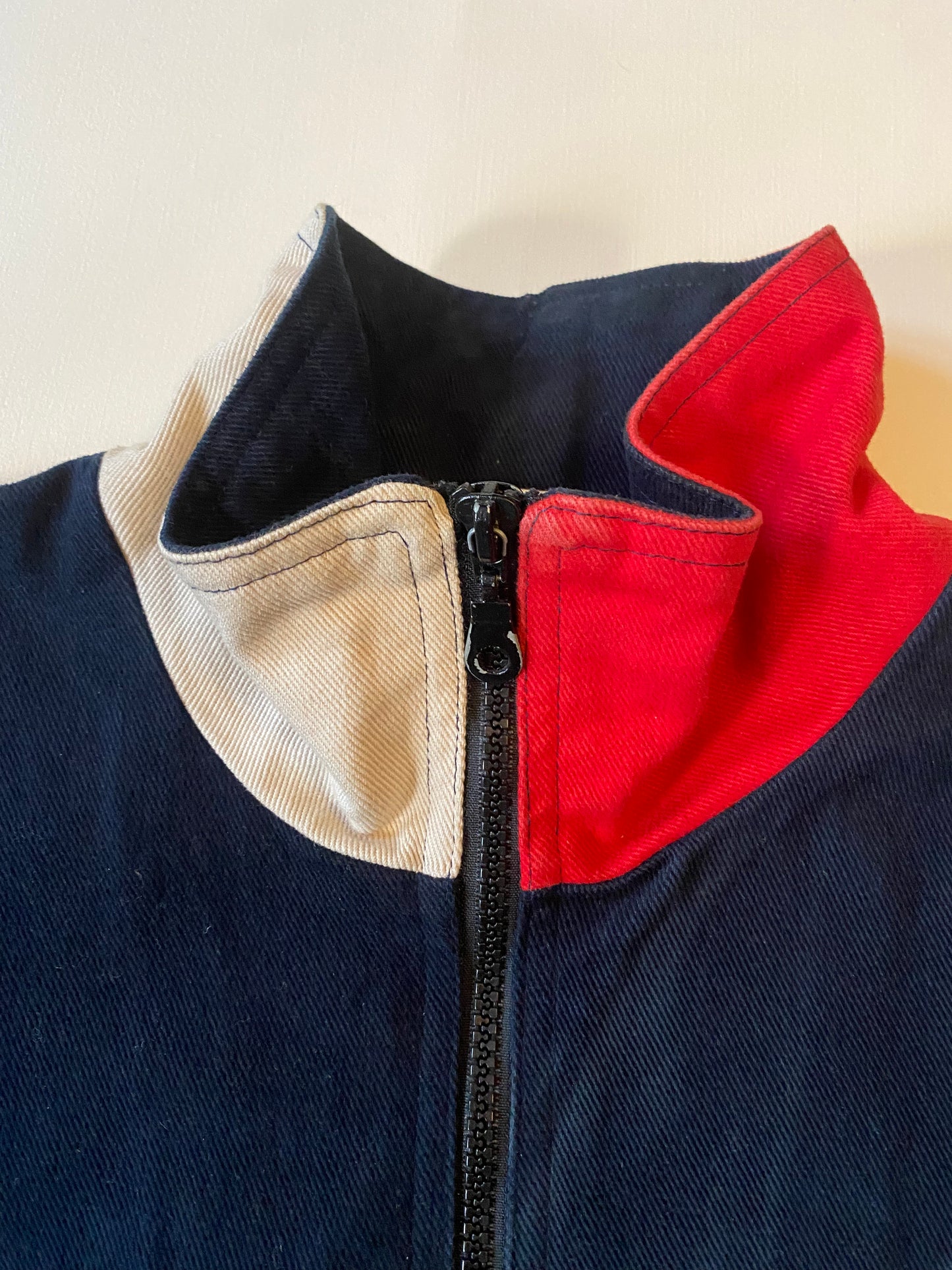 Veste jean vintage, marine, rouge et blanc, M