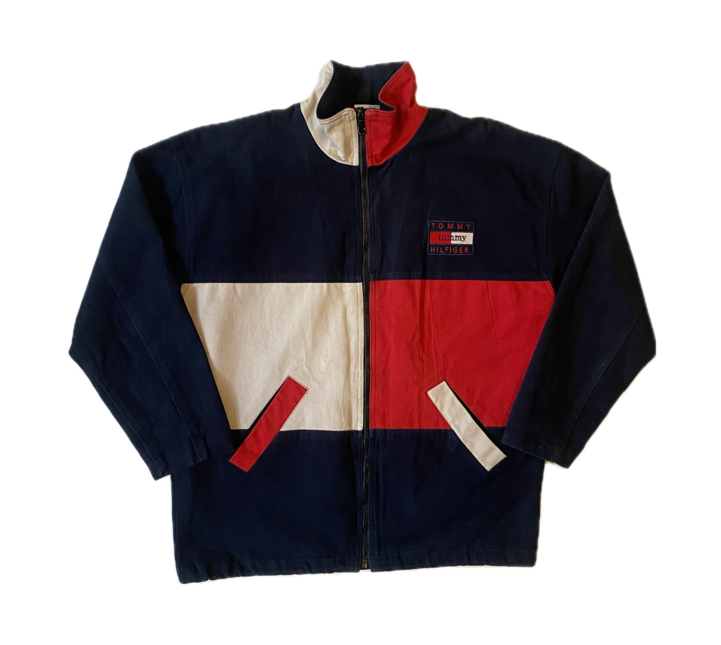 Veste jean vintage, marine, rouge et blanc, M